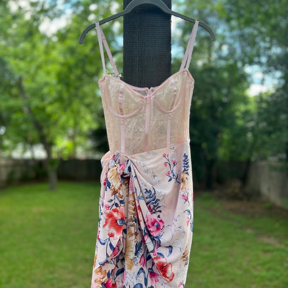 NWT Katie May Floral Corset Dress with Draped Skirt
